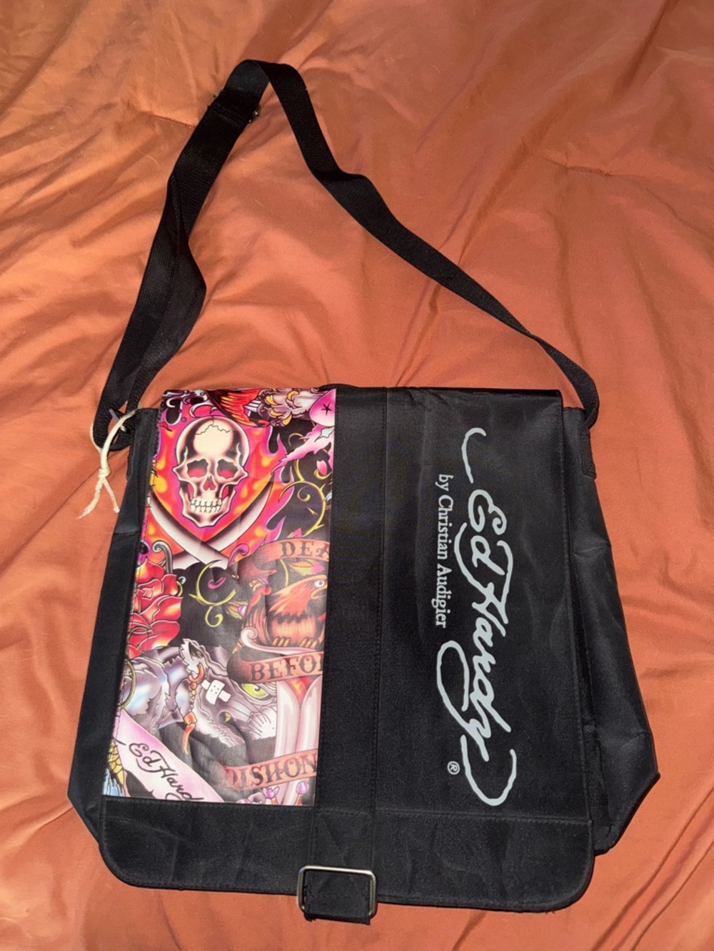 Christian Audigier Black Messenger Bag with Multicolor Tattoo Skull Panel